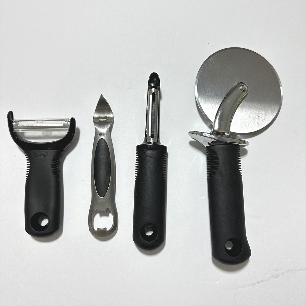 OXO Good Grips 4pc Kitchen Tools Pizza Cutter Peeler Bottle Opener Black Silver